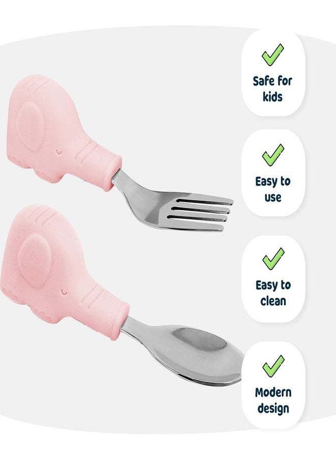 Tiny Twinkle Easy Grip Toddler Utensils Spoon and Fork Set - BPA & Phthalate Free Utensil Sets, Kids Silverware With Silicone Handle, Baby Led Weaning Supplies for 12 Months & Up (Pink Elephant) - Image 3